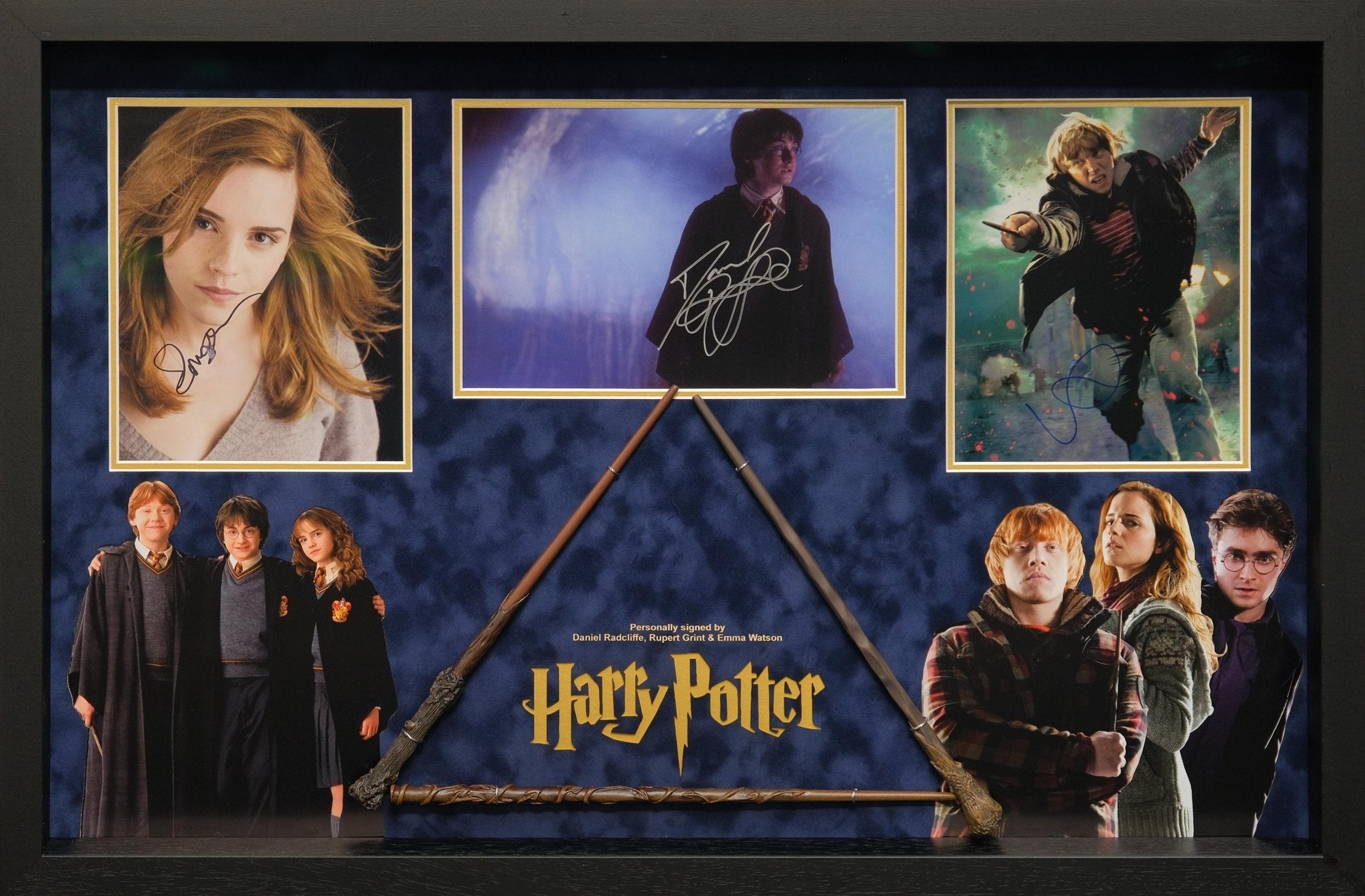 Harry Potter Triple Signed Framed Display with Wand - Memorabilia Framers Shop